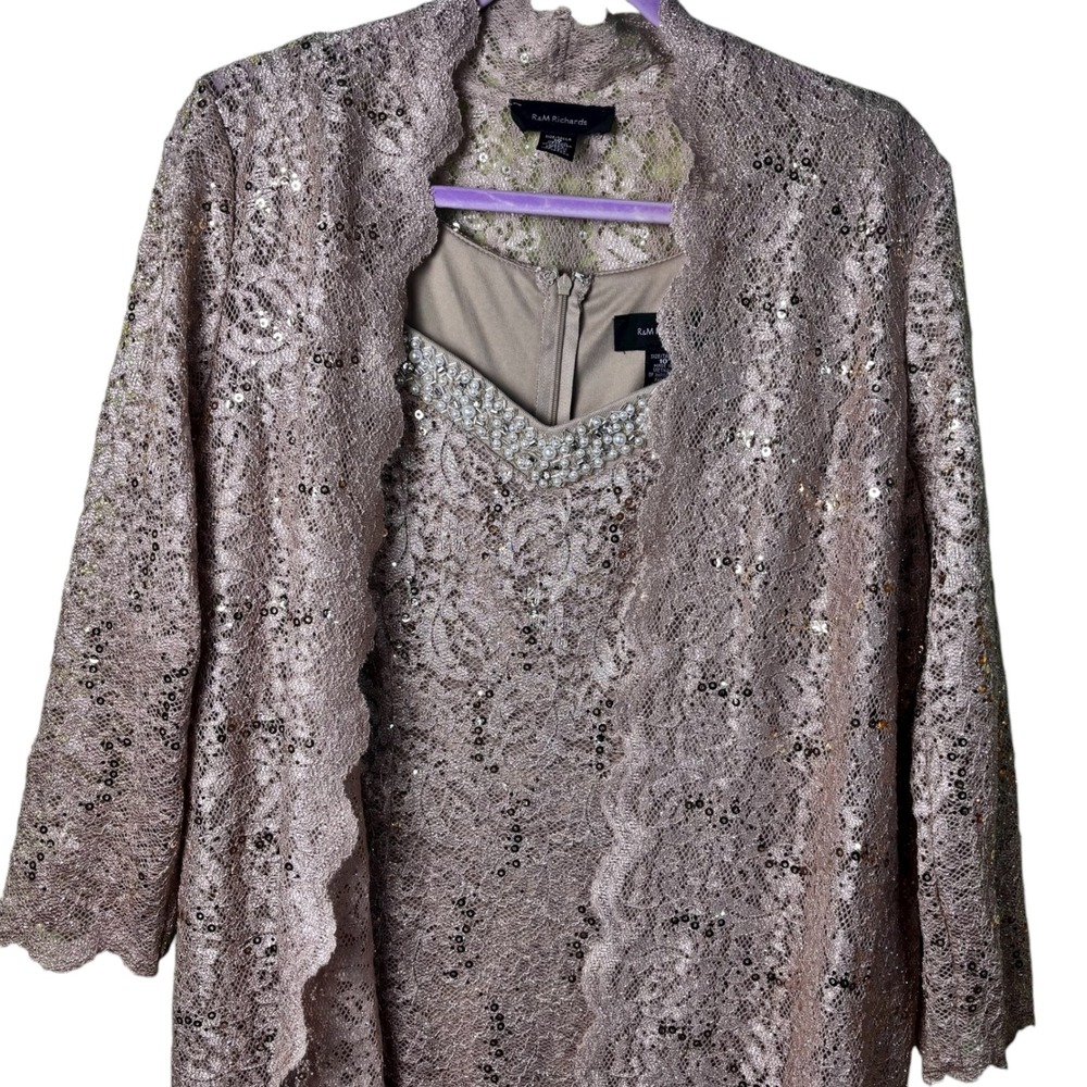 R & M Richards Womens Taupe 2 Piece Dress Jacket Outfit Lace Sequins‎ Party